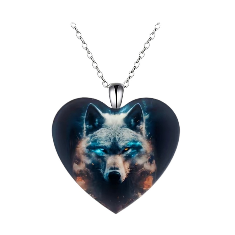 Heart Shaped Wolf Head Pendant Silver Necklace